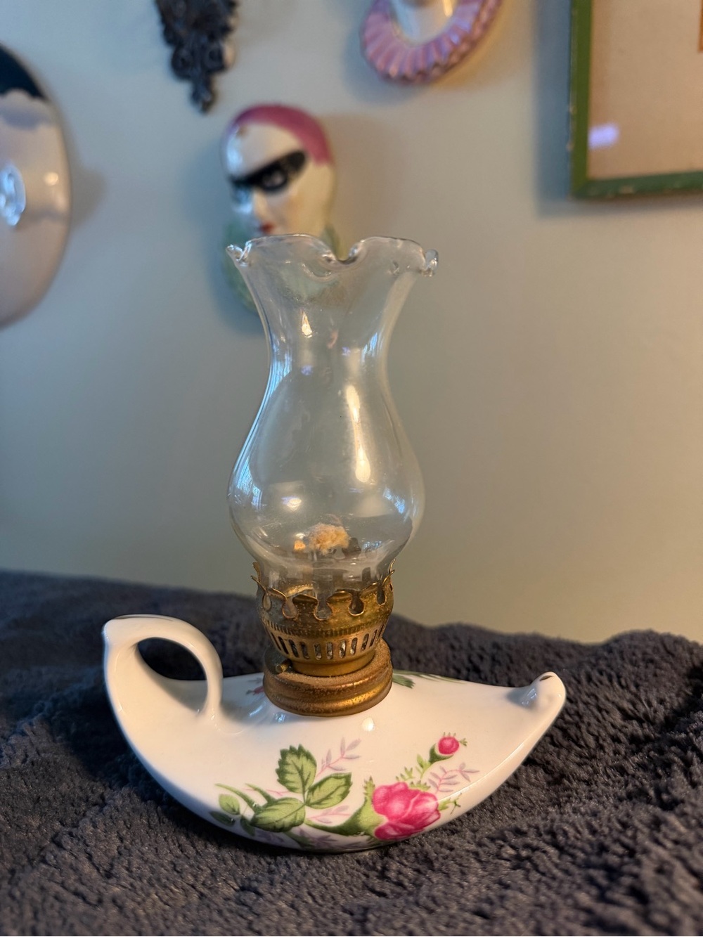 Vintage miniature oil lamp hand painted roses